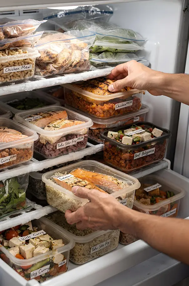Freezer com refeições porcionadas e etiquetadas