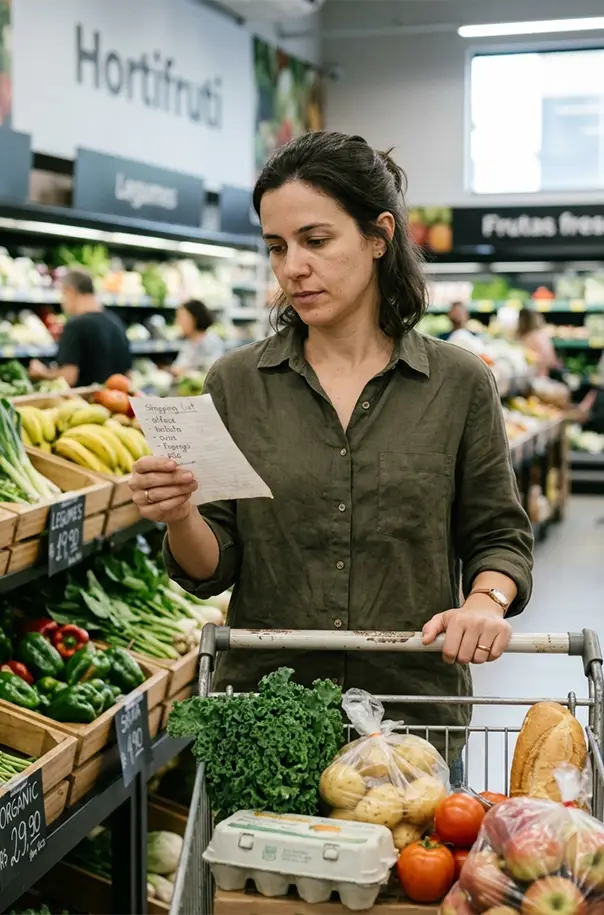 Lista de compras junto com carrinho de compras no mercado