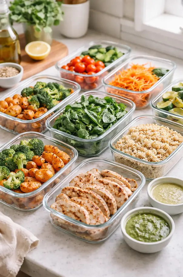 Saladas higienizadas, potes com proteína pronta, purês e comidas prontas na bancada